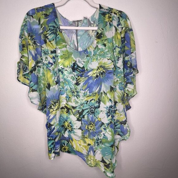 Kim Rogers Poncho Style Top Size XL Floral Vibrant Colors Asymmetrical BOHO - Picture 2 of 12